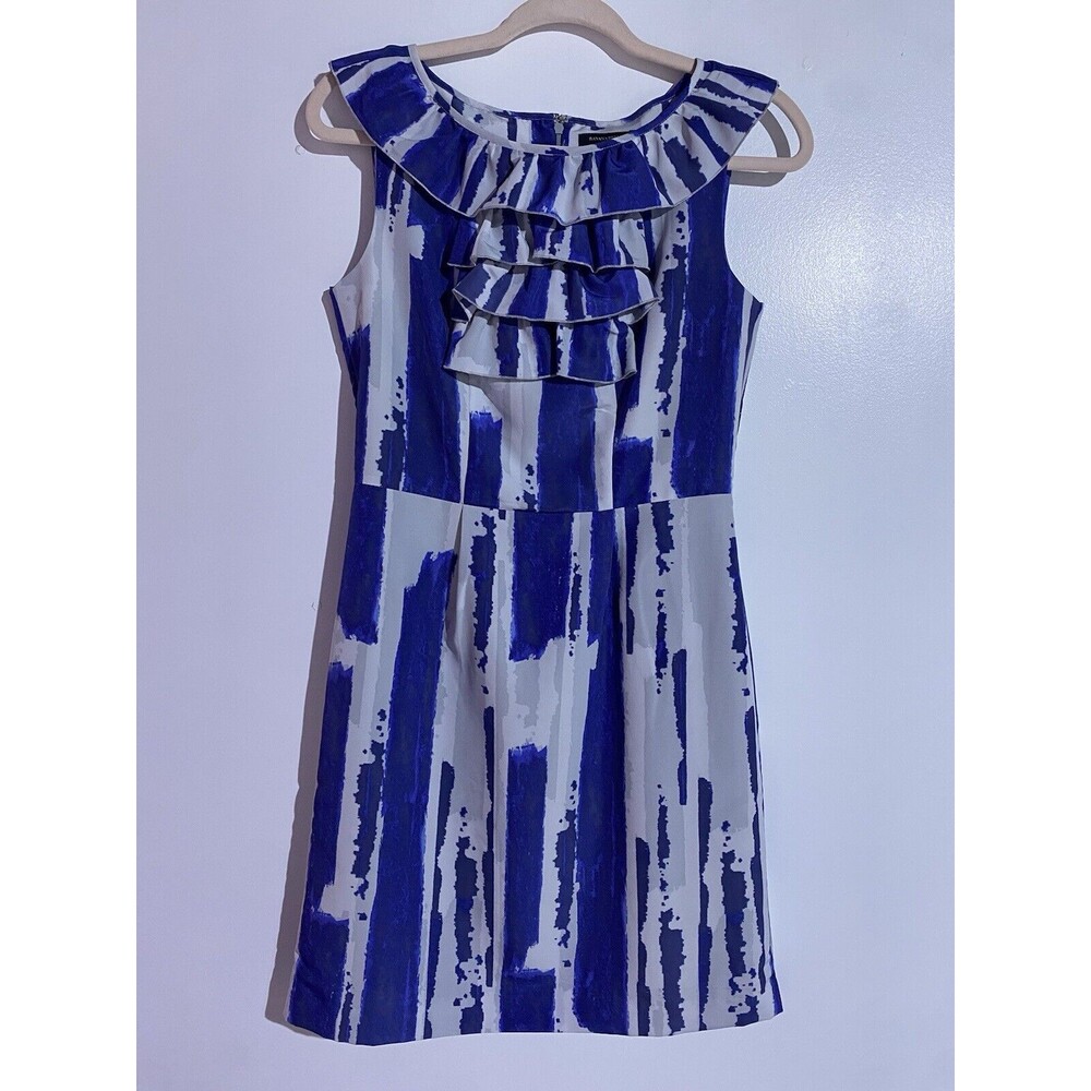 Banana Republic Dress 2 Blue Gray Ruffle Neck Sleeveless Sheath Office Abstract
